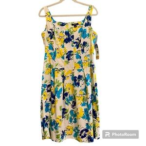 NWT Chaps Sleeveless Square Neck Fit and Flare White Blue Floral Dress Sz 14